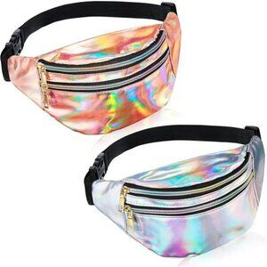 2 Pieces Holographic Fanny Pack for Women Colorful Sport Waist Bag Pack